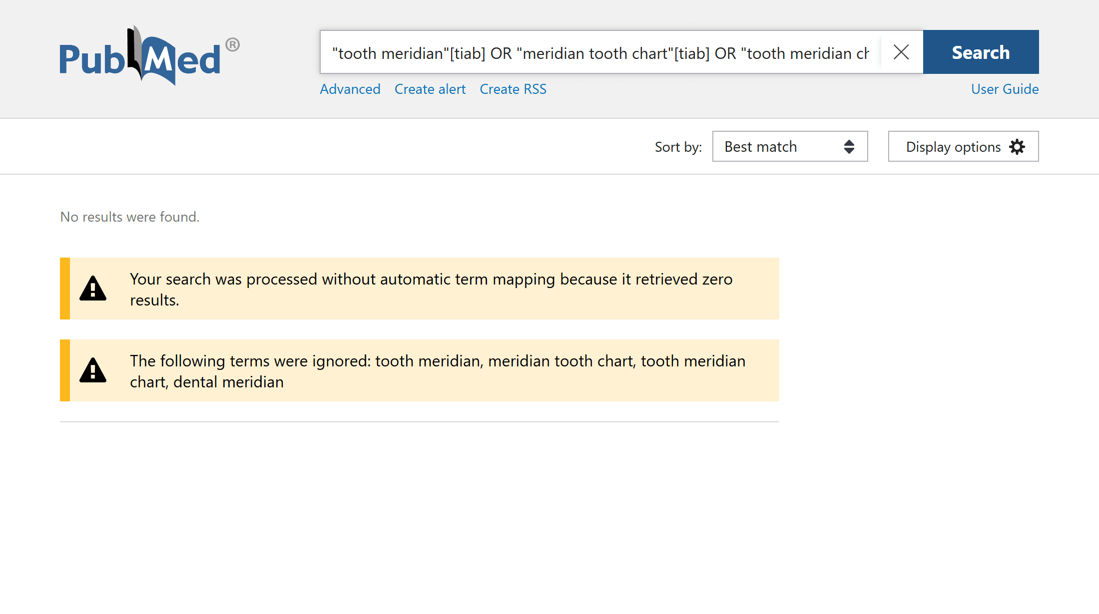 PubMedで tooth meridian などの検索式を入れた結果。No results were found. と表示されている