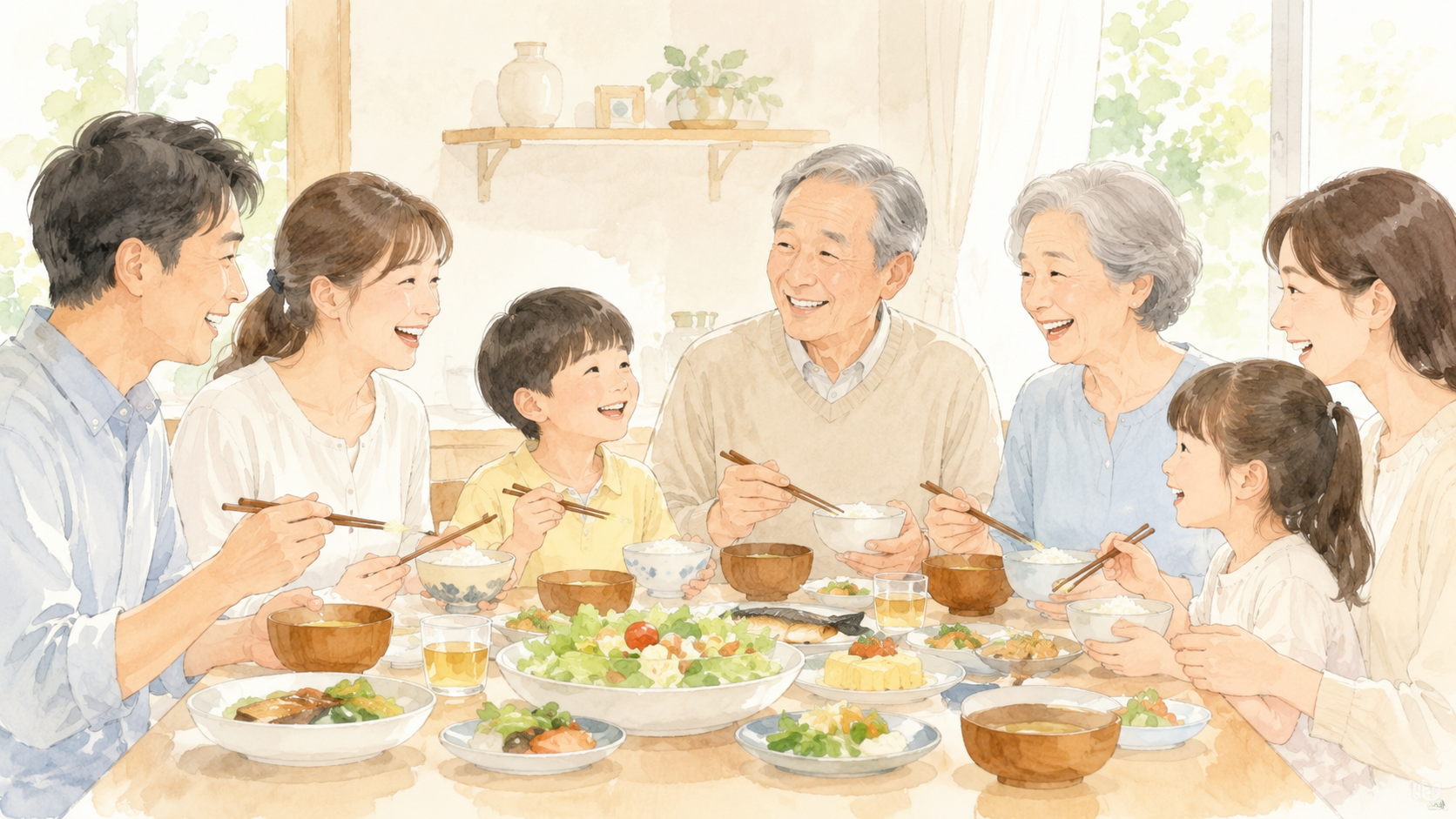 家族と食卓を囲み、自分の歯で食事を楽しむ日常のイメージイラスト